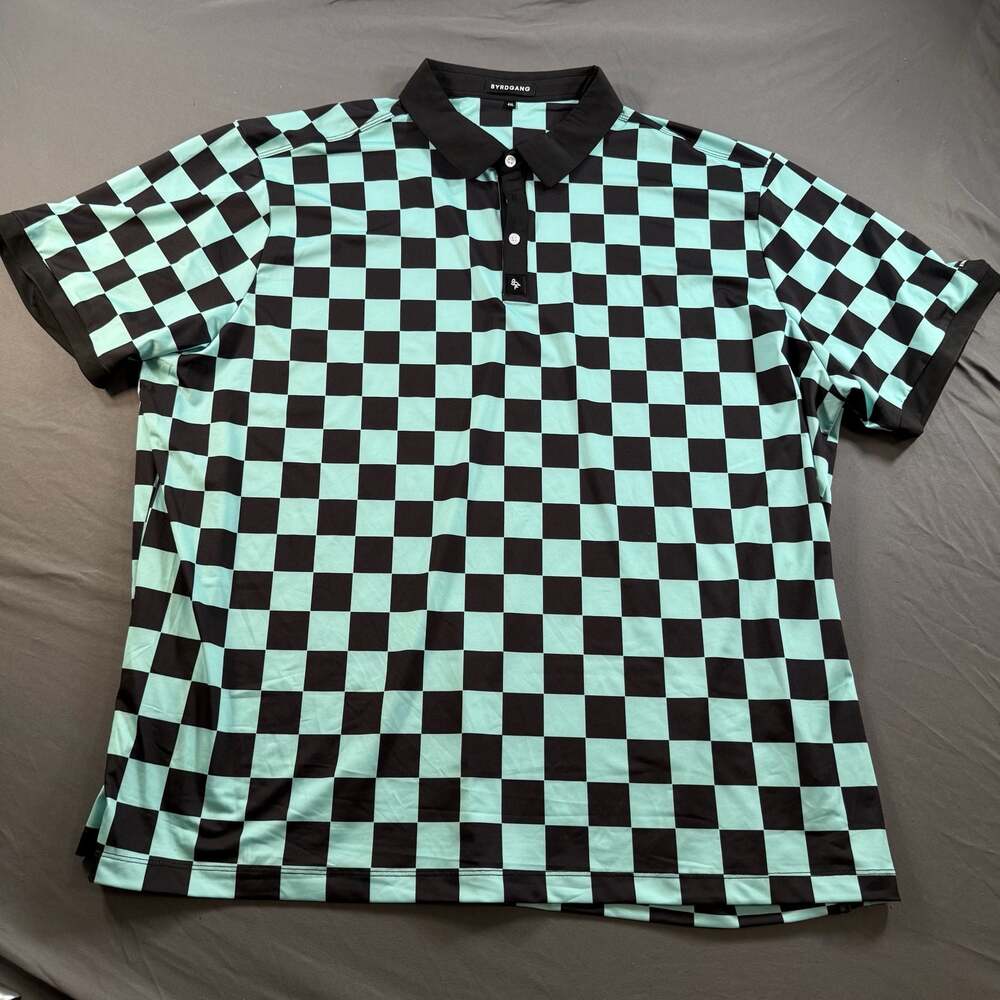 Byrdgang Checkered Teal Black Men's Polo Shirt 4XL Short Sleeve